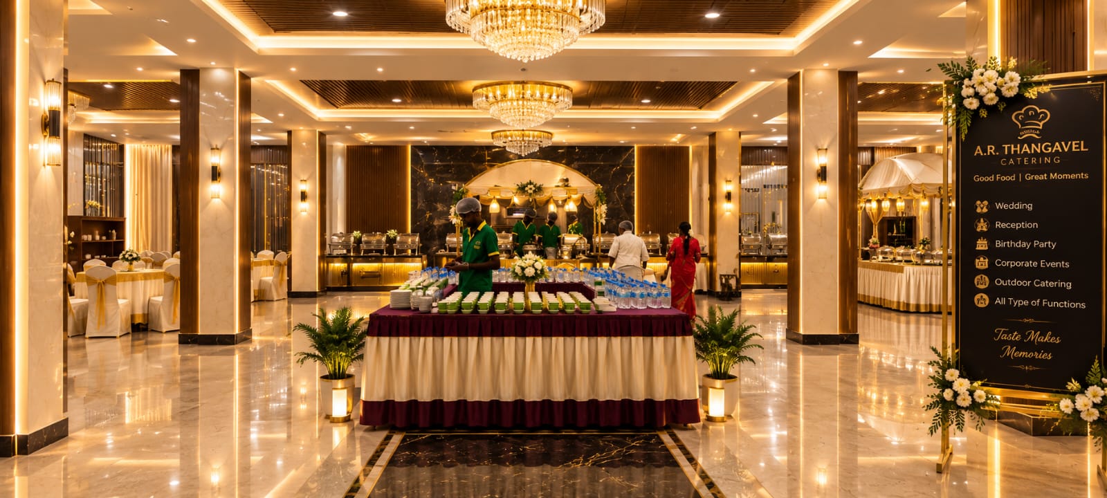Dining hall setup for wedding guests