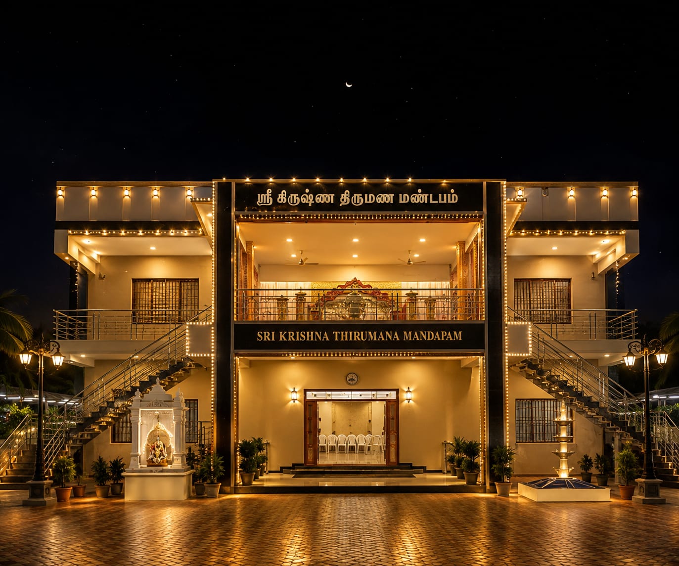 Exterior of the marriage hall in the evening