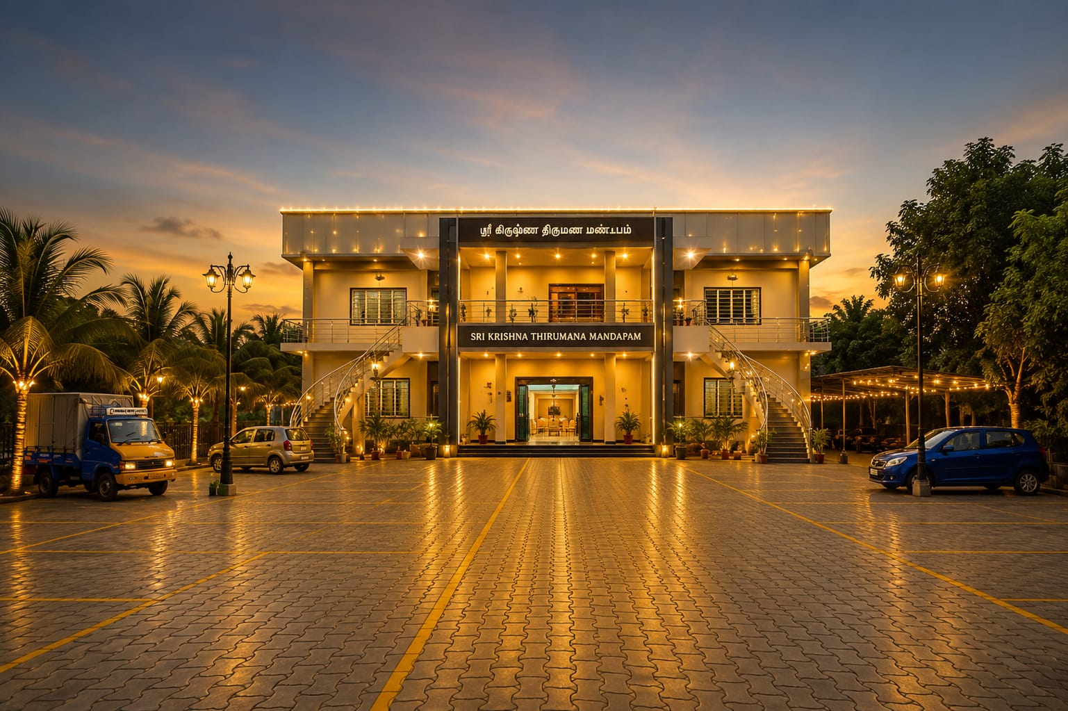 Large car parking area in front of the marriage hall
